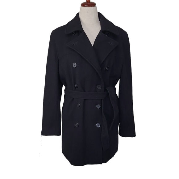 EUC 100% wool Donnybrook women's black double breast belted pea coat wrapcoat 10 - Picture 3 of 12
